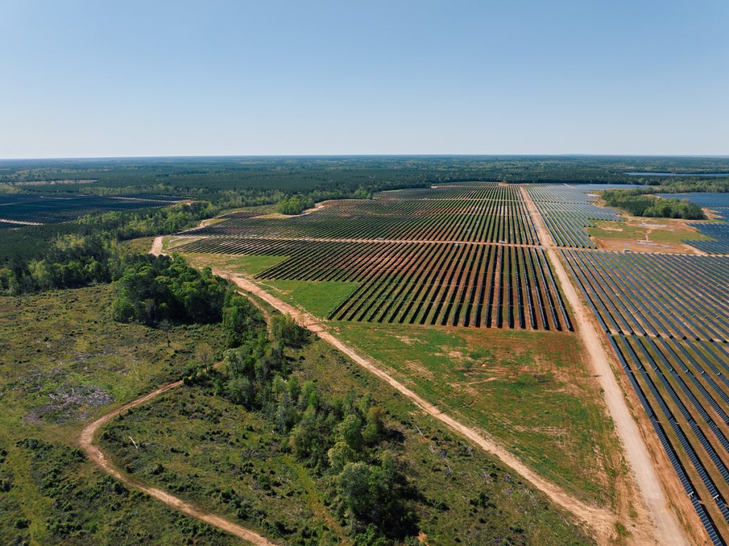 Aerial shot of a solar farm